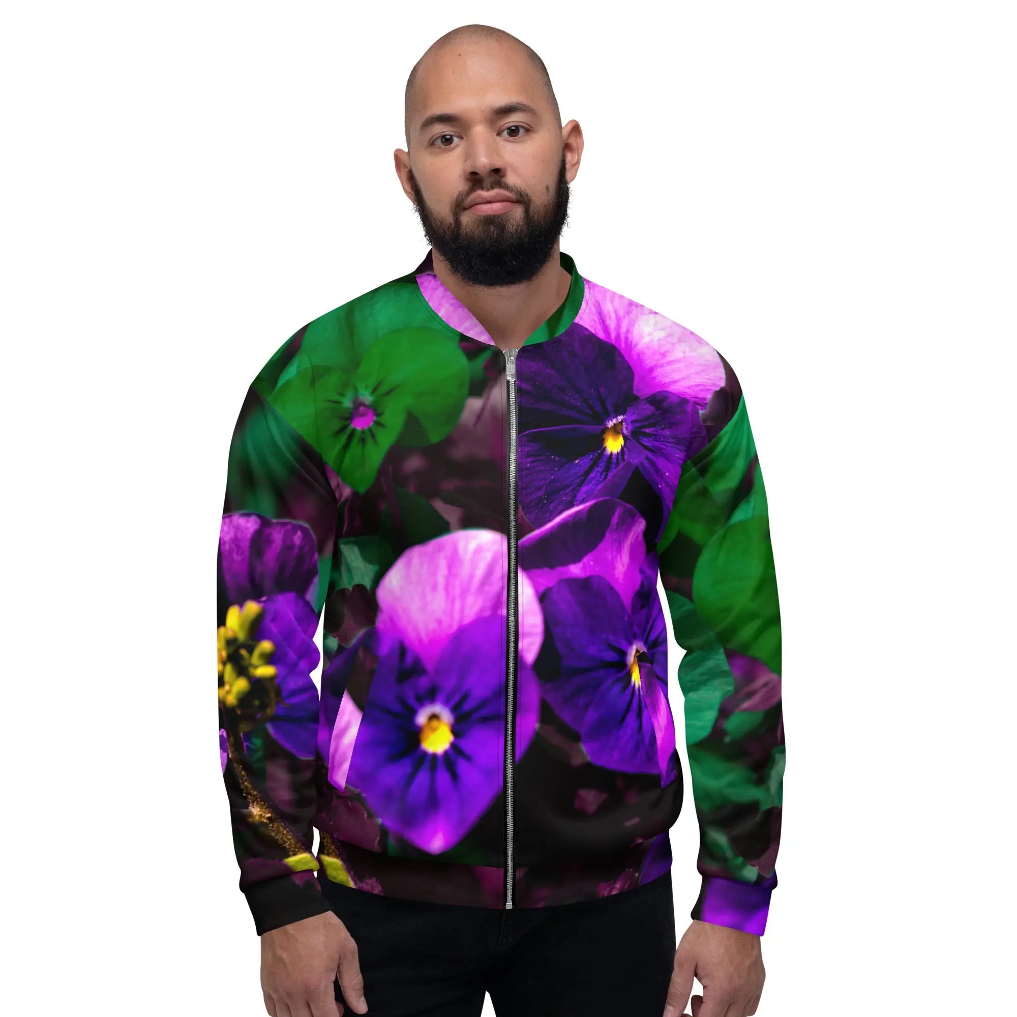 Queer Botanicals | Pansy | All-Over Print Unisex Bomber Jacket BaDeYaDeYa