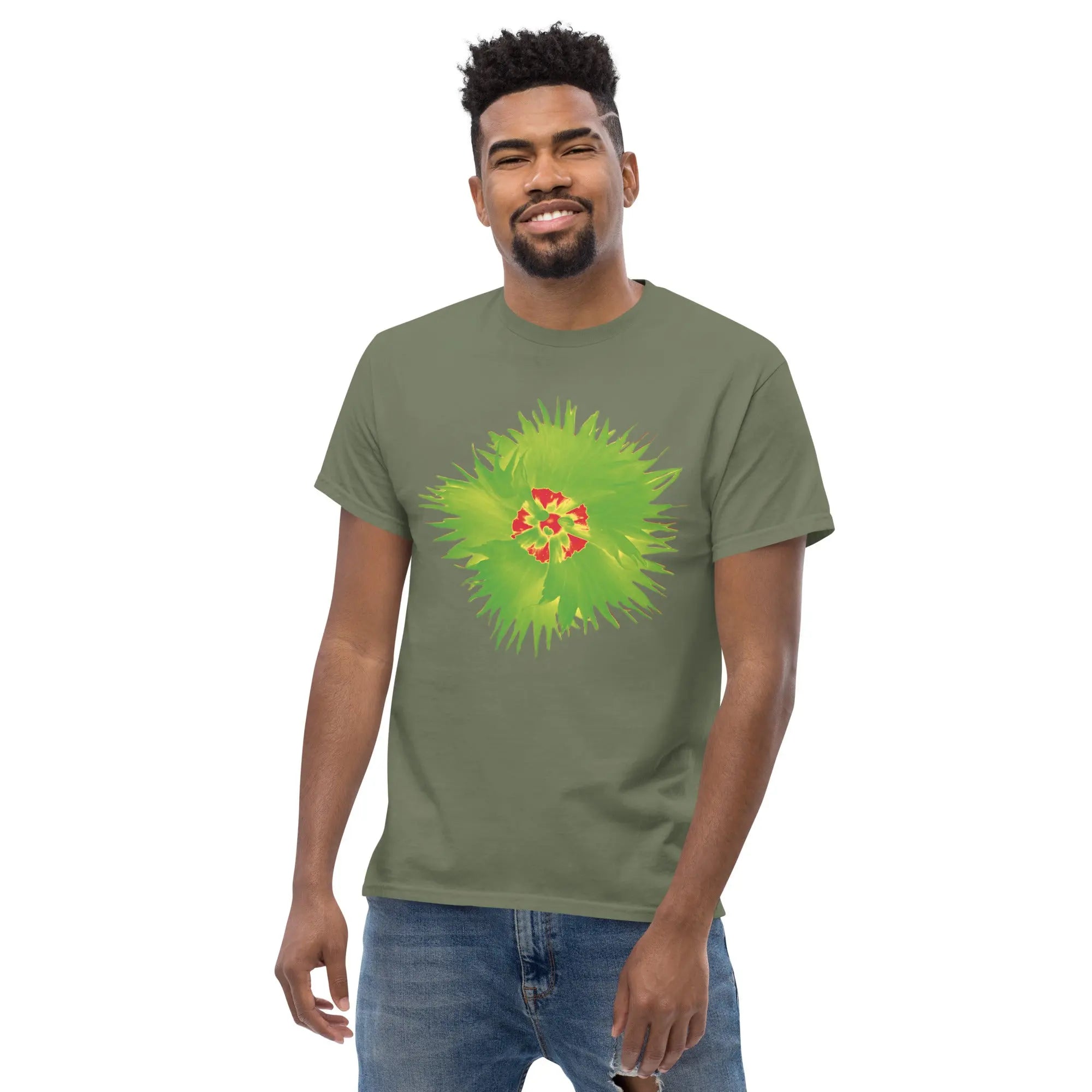 Fluorescent Flowers | Green Dianthus | Unisex Classic Short Sleeve T-Shirt BaDeYaDeYa