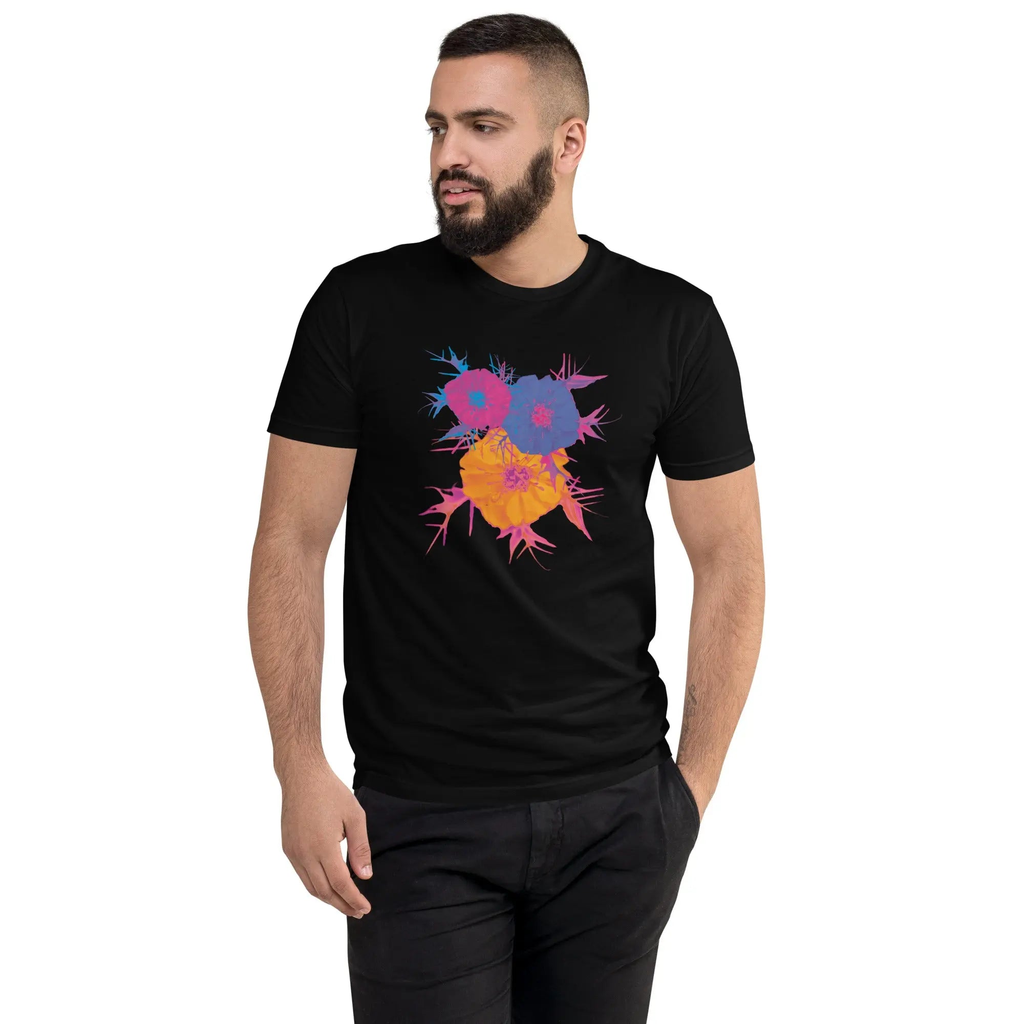 Fluorescent Flowers | Love In A Mist | Men's Fitted Short Sleeve T-Shirt BaDeYaDeYa