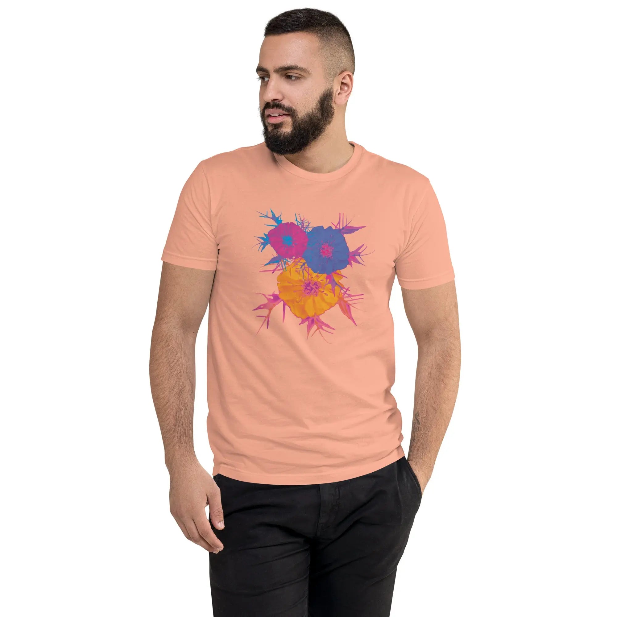 Fluorescent Flowers | Love In A Mist | Men's Fitted Short Sleeve T-Shirt BaDeYaDeYa