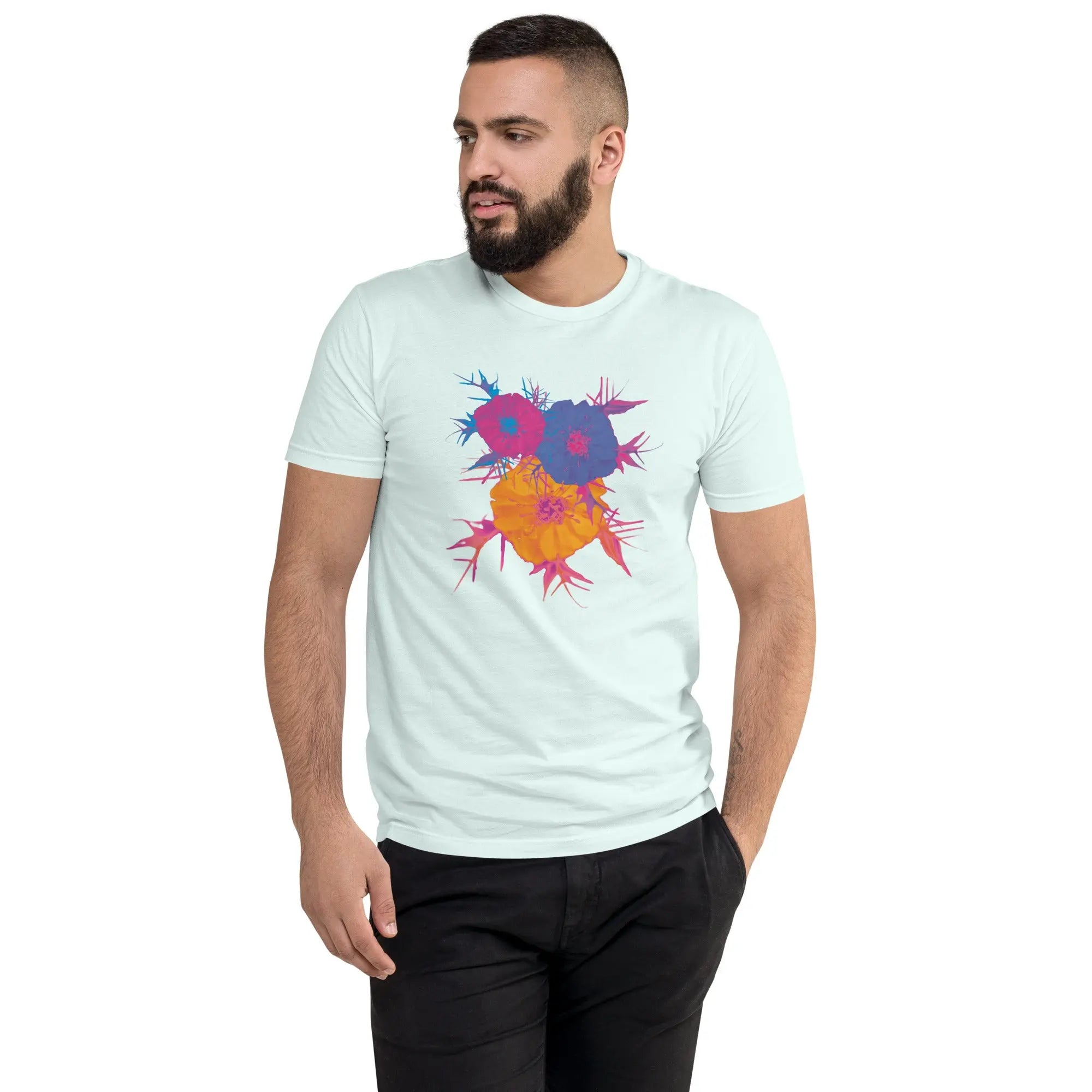 Fluorescent Flowers | Love In A Mist | Men's Fitted Short Sleeve T-Shirt BaDeYaDeYa