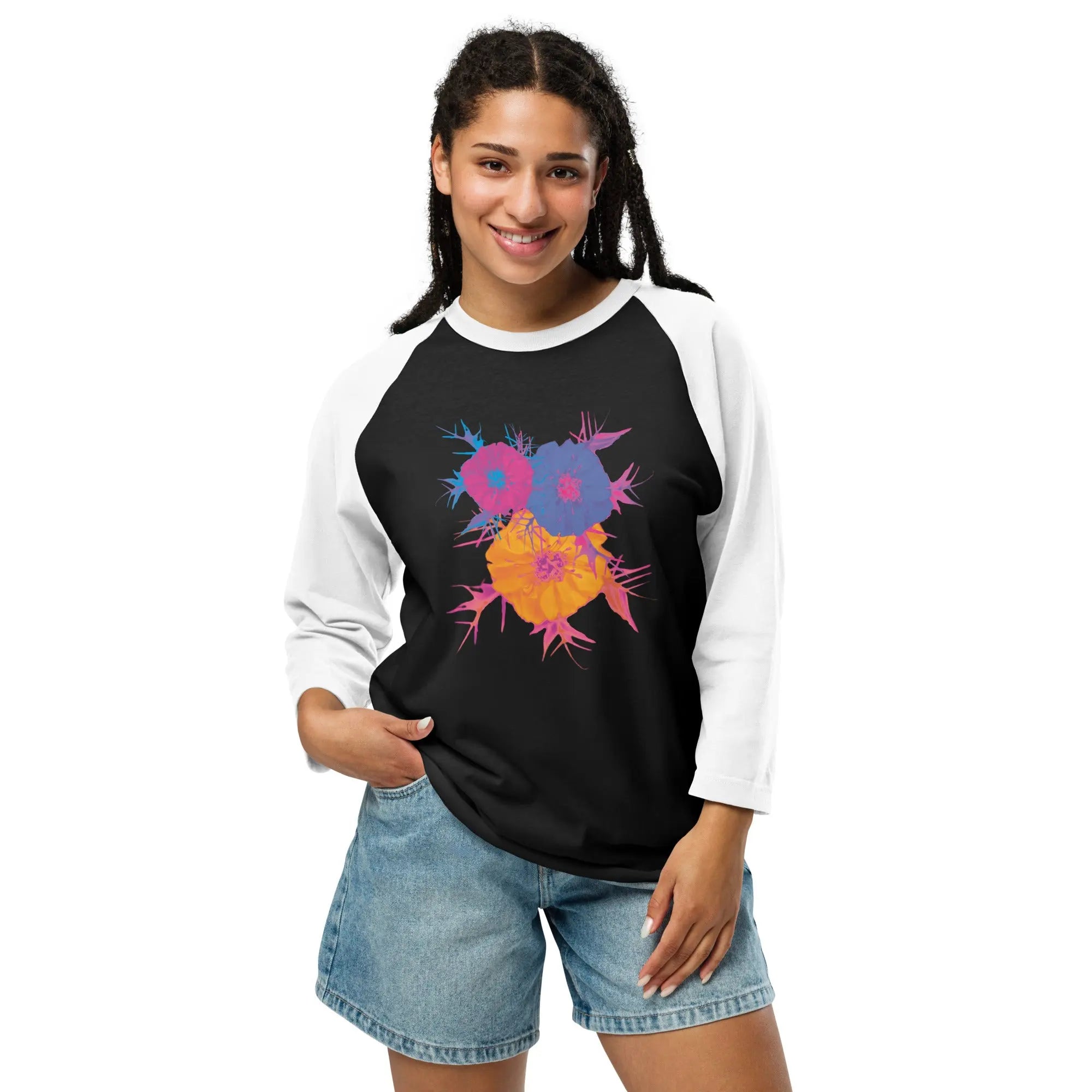 Fluorescent Flowers | Love In A Mist | Unisex 3/4 Sleeve Raglan T-Shirt BaDeYaDeYa