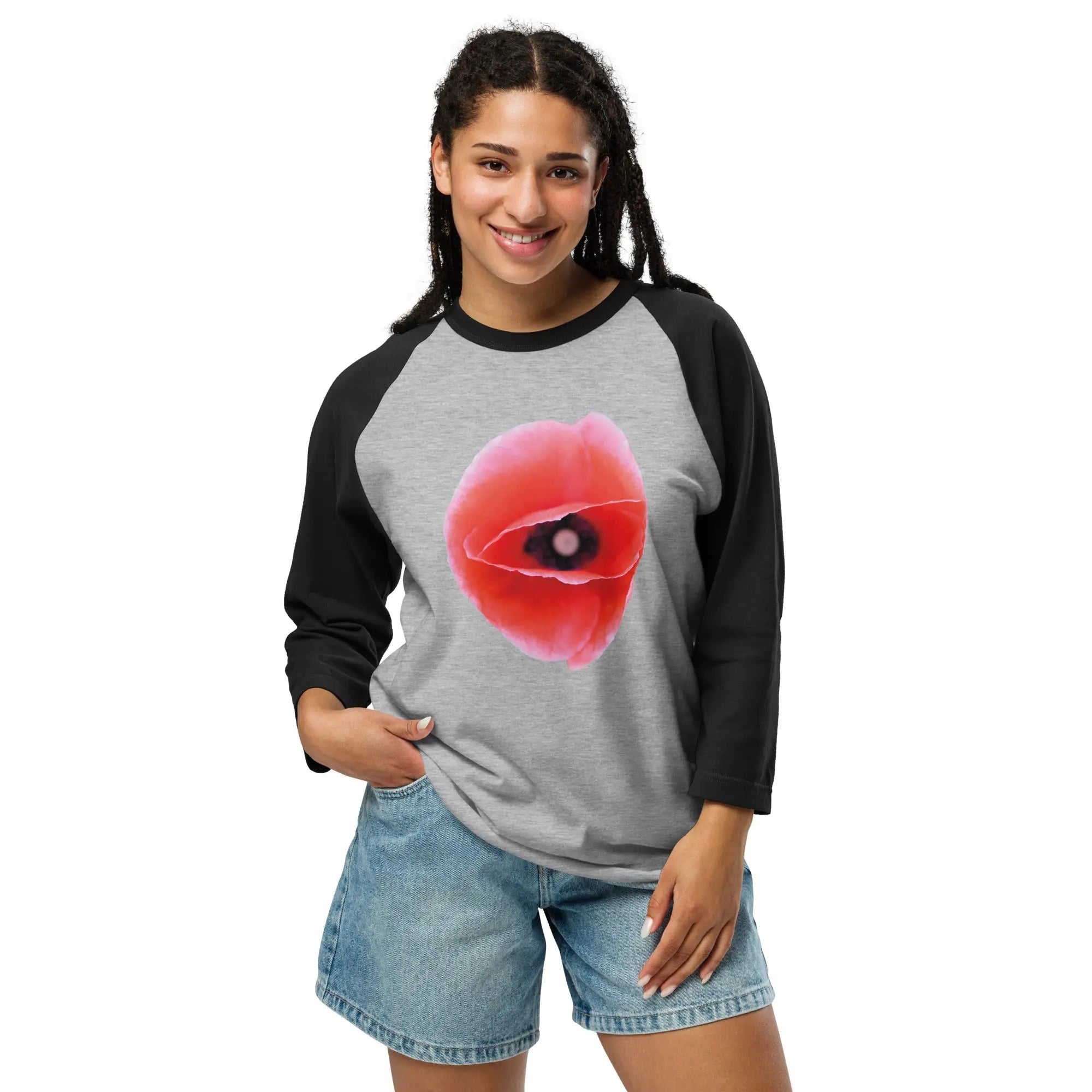 Queer Botanicals | Red Poppy | Unisex 3/4 Sleeve Raglan T-Shirt BaDeYaDeYa