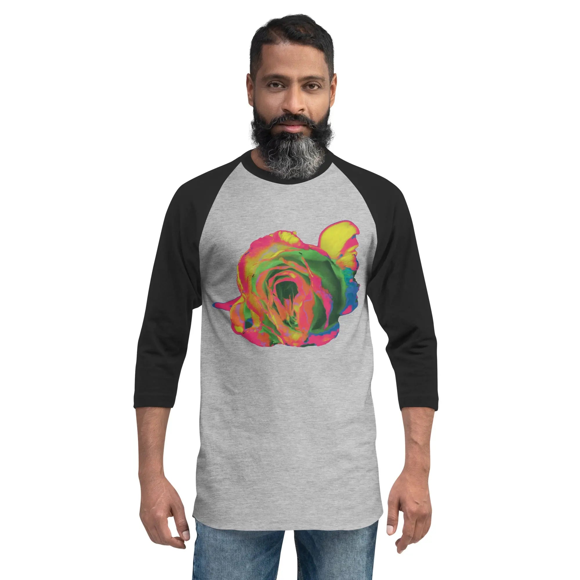 Queer Botanicals | Rainbow Rose | Unisex 3/4 Sleeve Raglan T-Shirt BaDeYaDeYa