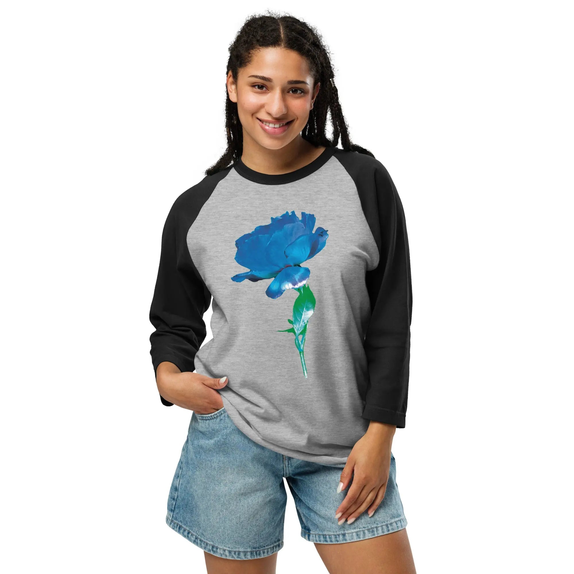 Queer Botanicals  | Blue Rose | Unisex 3/4 Sleeve Raglan T-Shirt BaDeYaDeYa