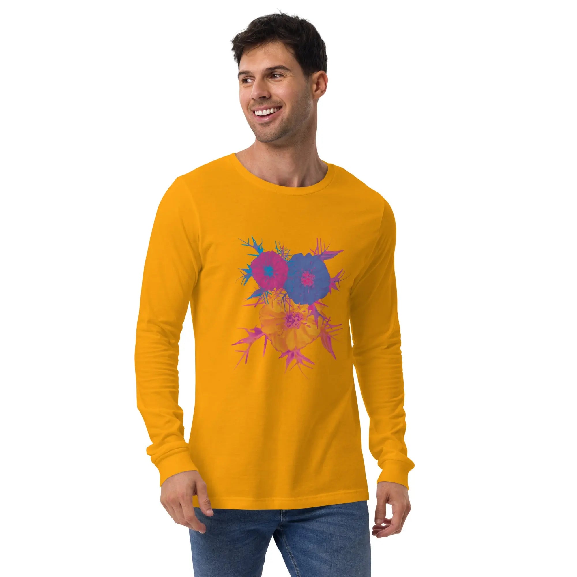 Fluorescent Flowers | Love In A Mist | Unisex Long Sleeve T-Shirt BaDeYaDeYa