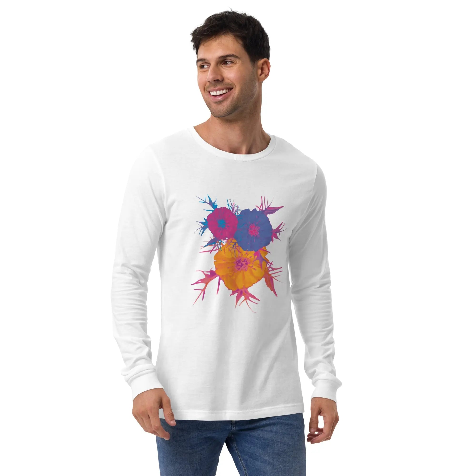 Fluorescent Flowers | Love In A Mist | Unisex Long Sleeve T-Shirt BaDeYaDeYa