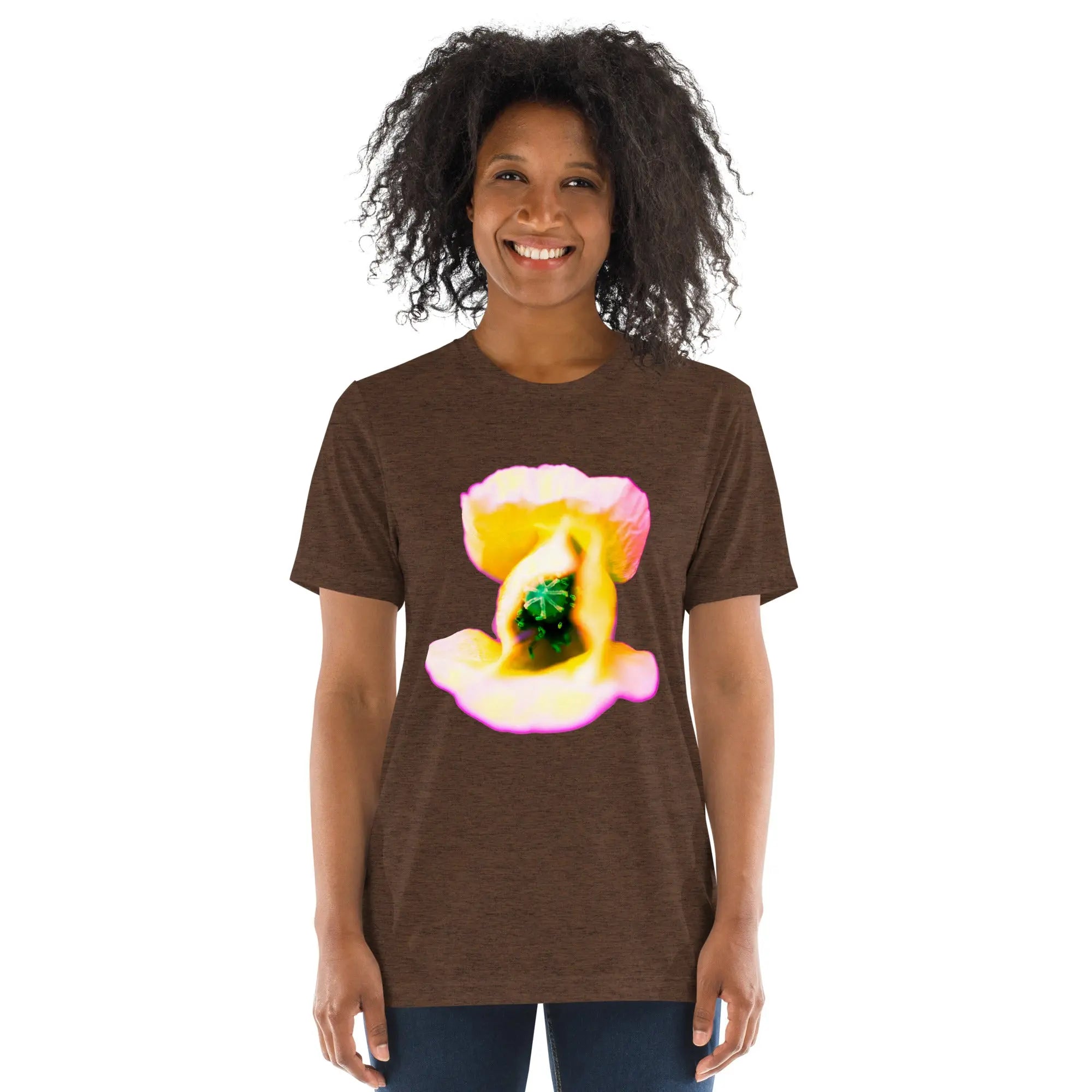 Fluorescent Flowers | Yellow Poppy | Unisex Vintage T-Shirt BaDeYaDeYa