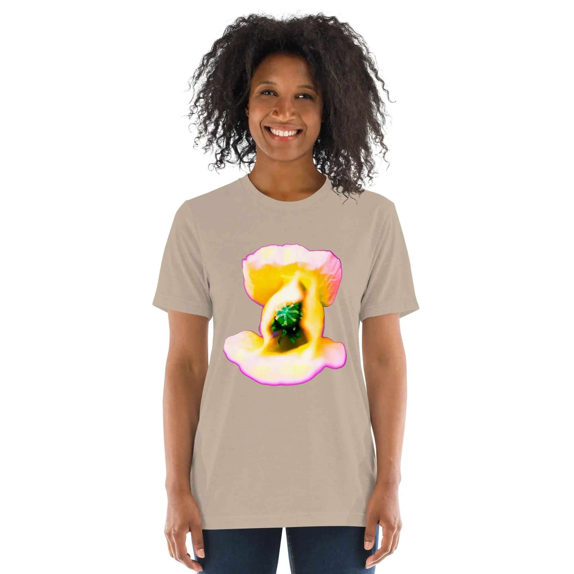 Fluorescent Flowers | Yellow Poppy | Unisex Vintage T-Shirt BaDeYaDeYa