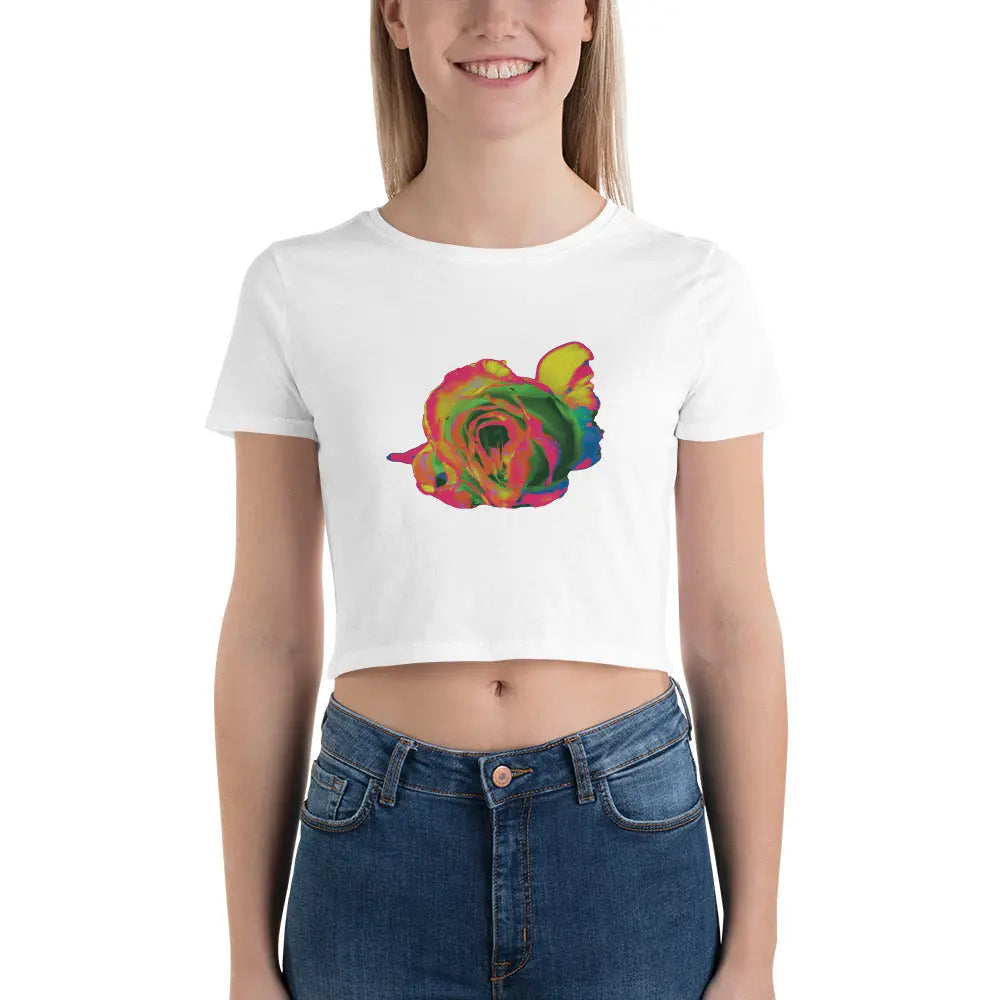 Queer Botanicals | Rainbow Rose | Women’s Fitted Crop Top T-Shirt BaDeYaDeYa